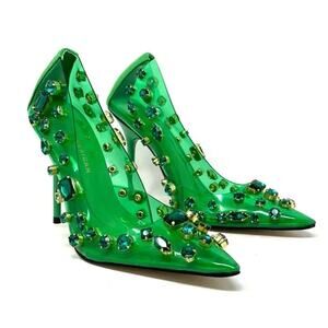 Good American Jeweled Emma Pump Pointed Toe Stiletto High Heels, Summer Green
